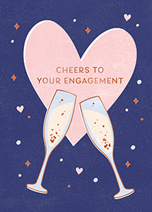 White engagement greeting card with blue bubble illustrations and text reading 'Cheers to your engagement'.