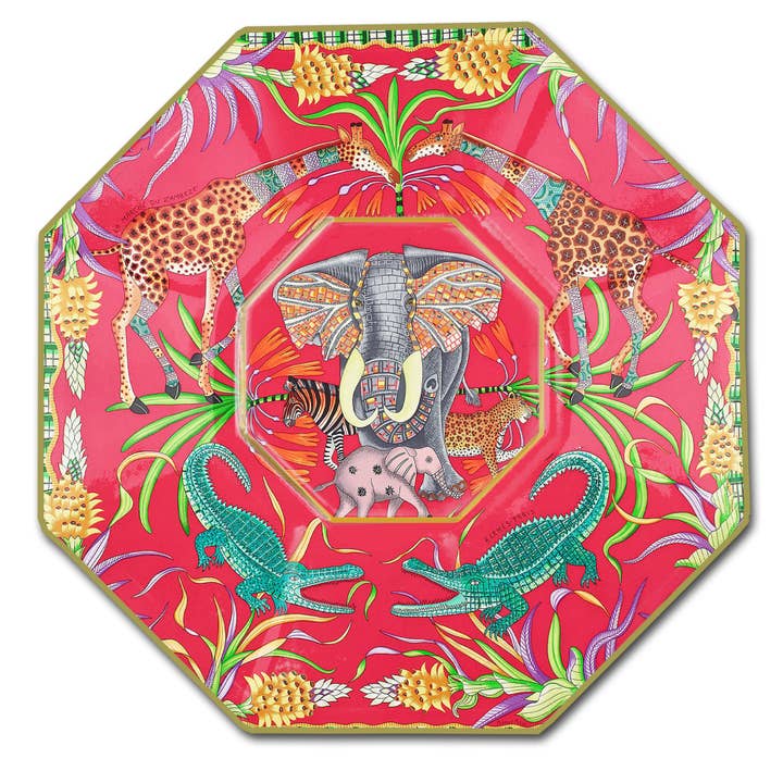 5-inch octagonal decoupage glass plate with a red background and colorful African animal motifs.