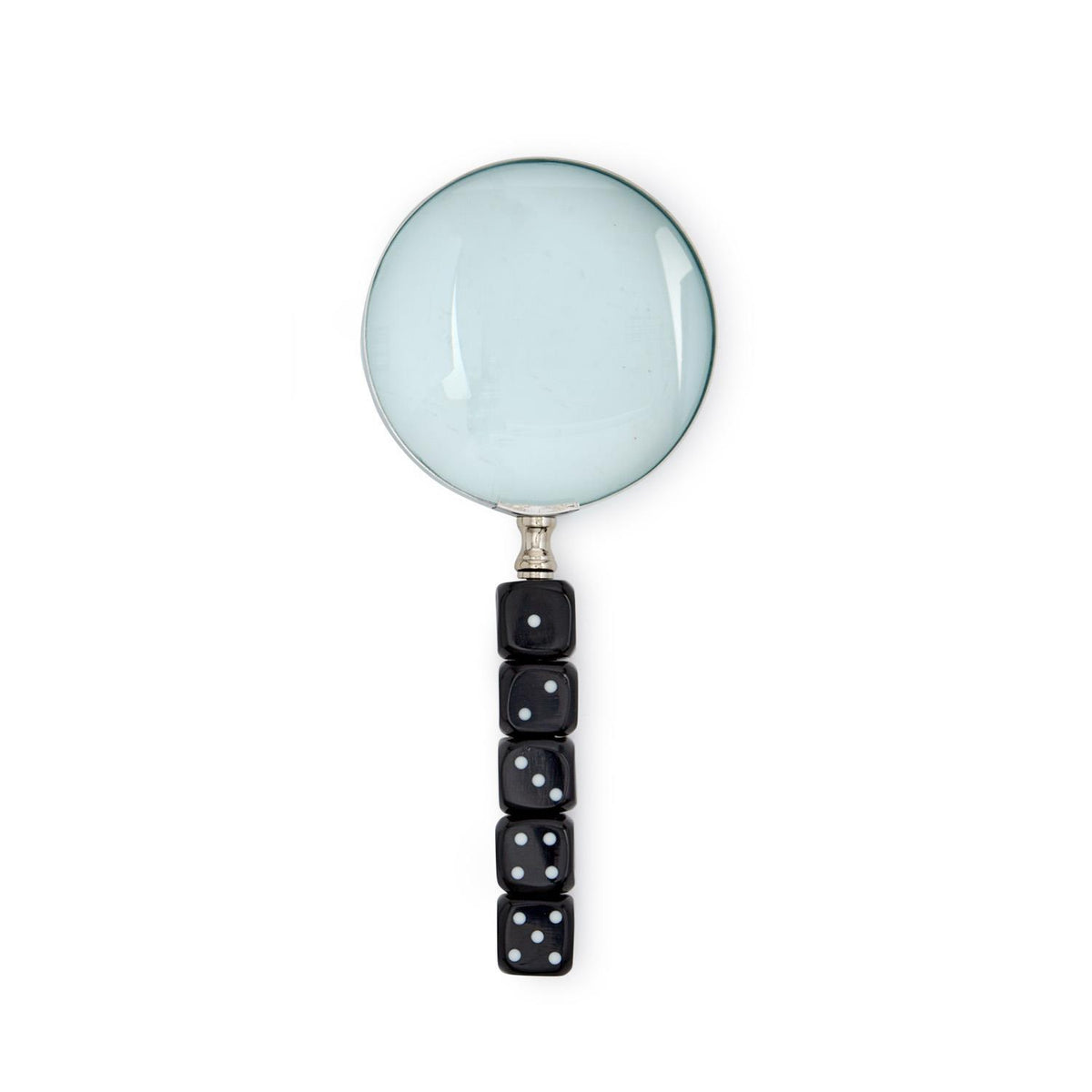 Magnifying glass with a black handle made of five stacked dice showing numbers one through five.