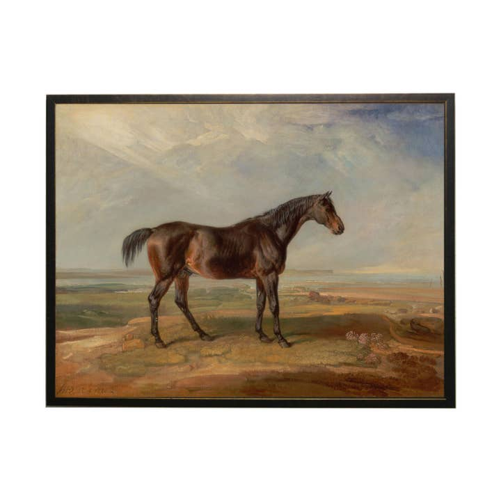 Vintage oil painting reproduction of a brown horse standing in a landscape with a cloudy sky.