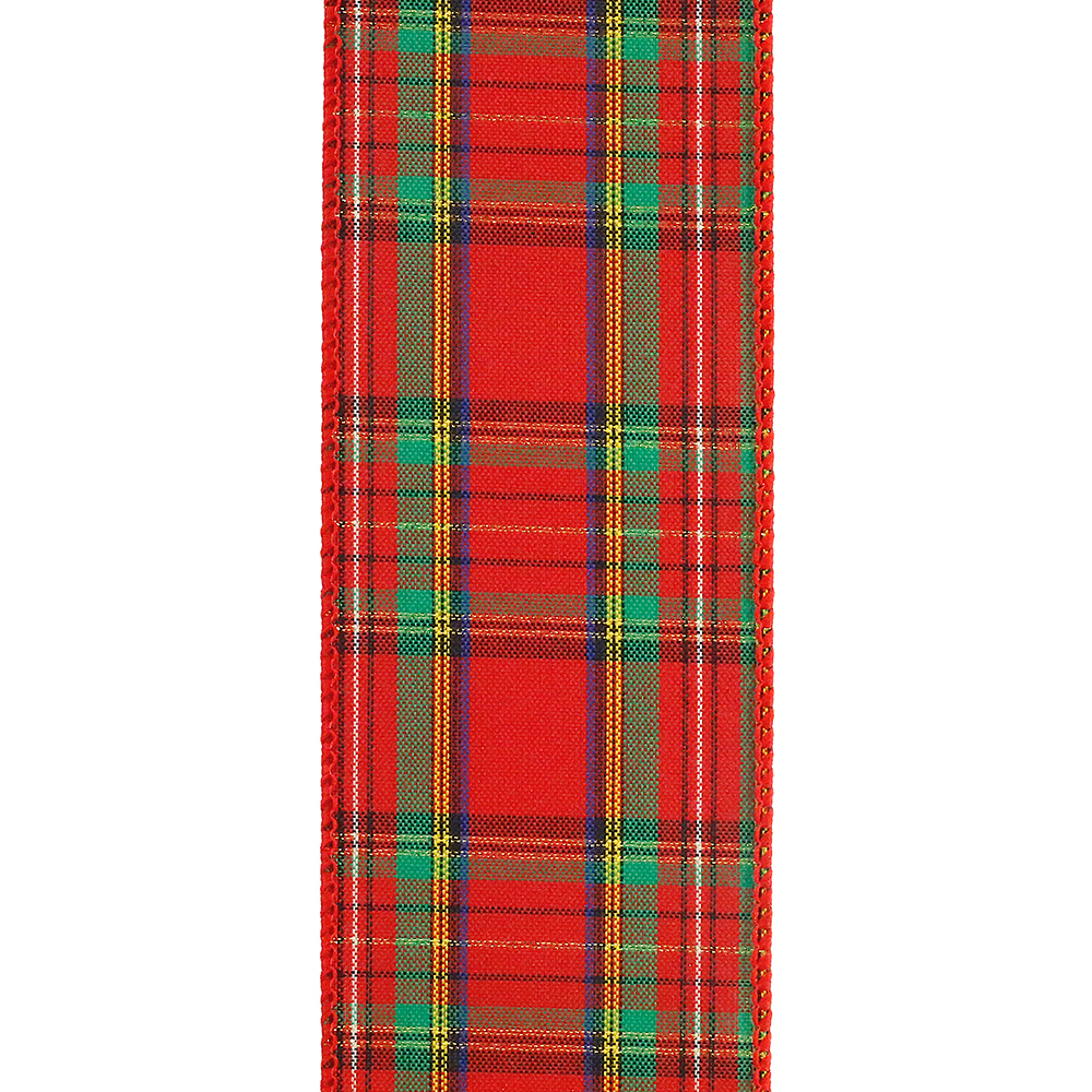 Red, green, and yellow plaid wired edge ribbon with gold metallic accents.