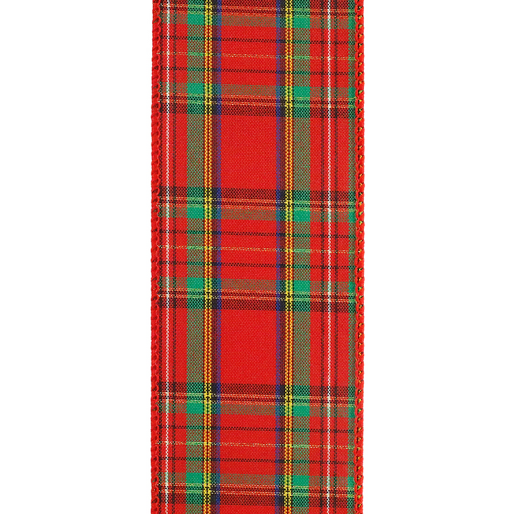 Red, green, and yellow plaid wired edge ribbon with gold metallic accents.