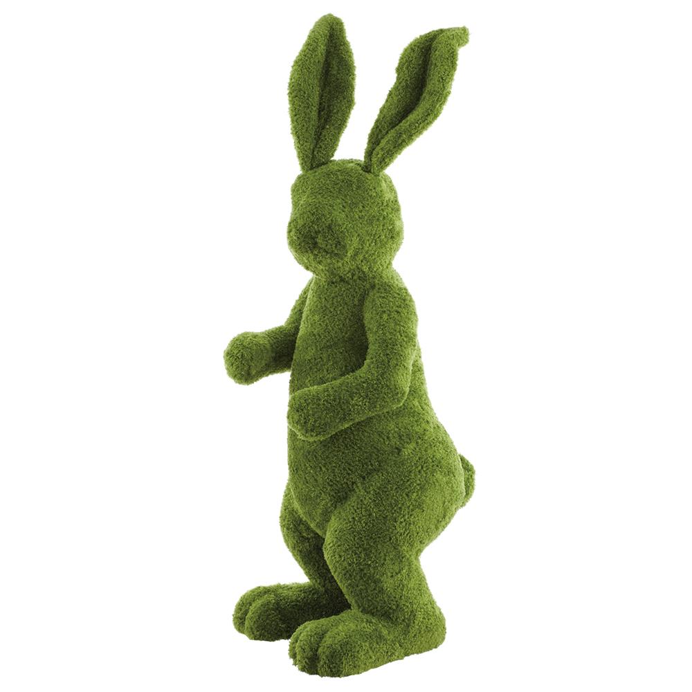 49-inch furry moss bunny in green with a soft fabric and polyfoam body.