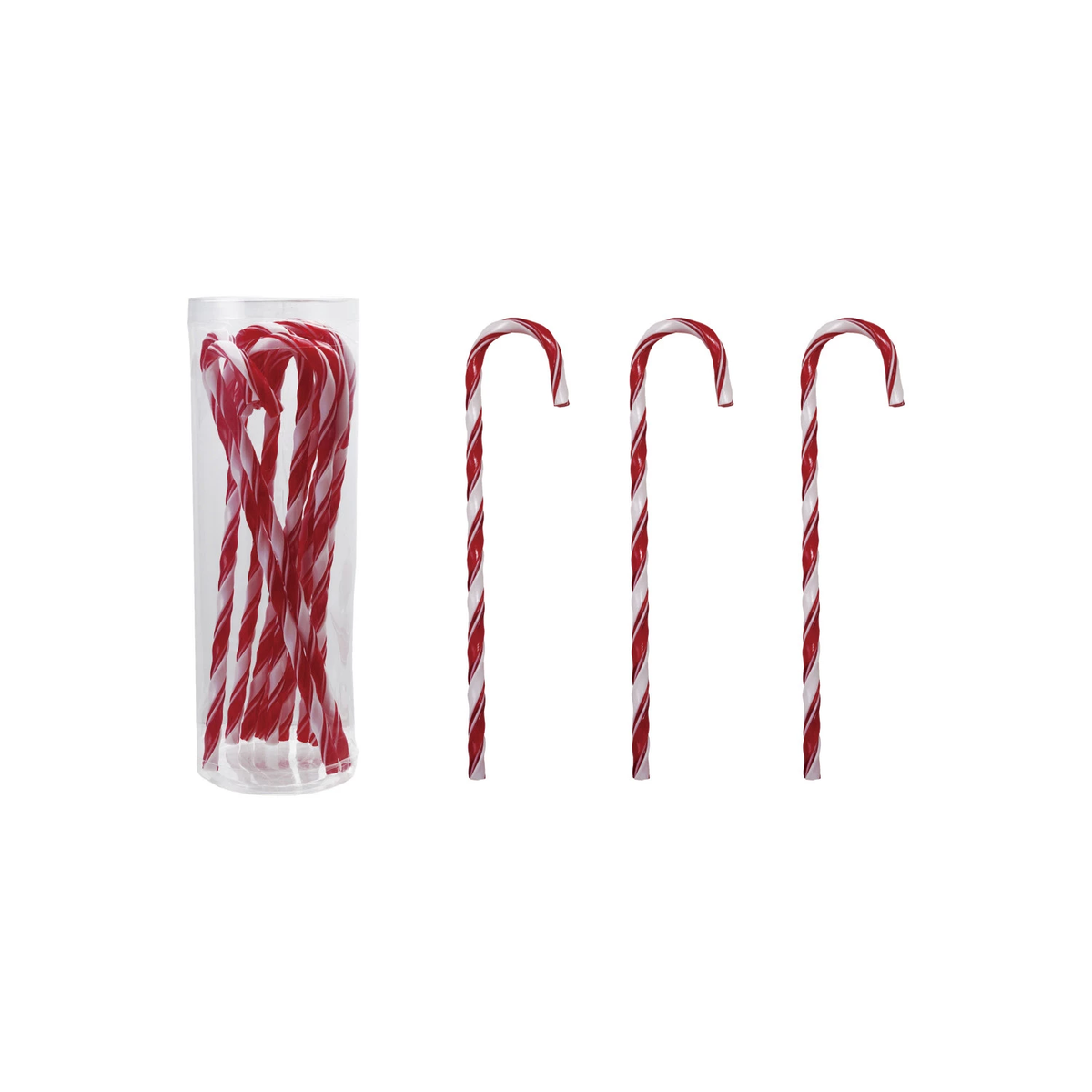 Set of red and white striped plastic candy cane drink stirrers in a clear container.