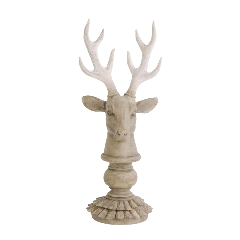 Cream and taupe resin deer bust with a wood-look finish on a scalloped pedestal base.