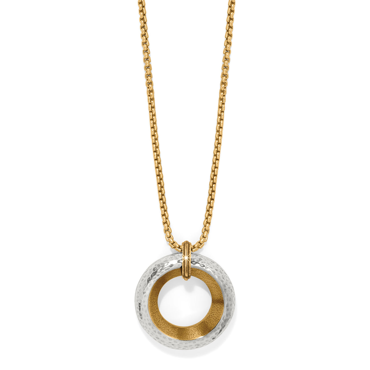 Medici Petite Necklace featuring a two-tone silver and gold hammered ring pendant on a gold chain.
