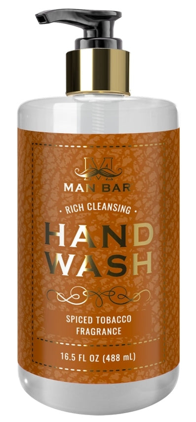Man Bar Spiced Tobacco hand wash bottle with warm amber liquid visible through clear glass