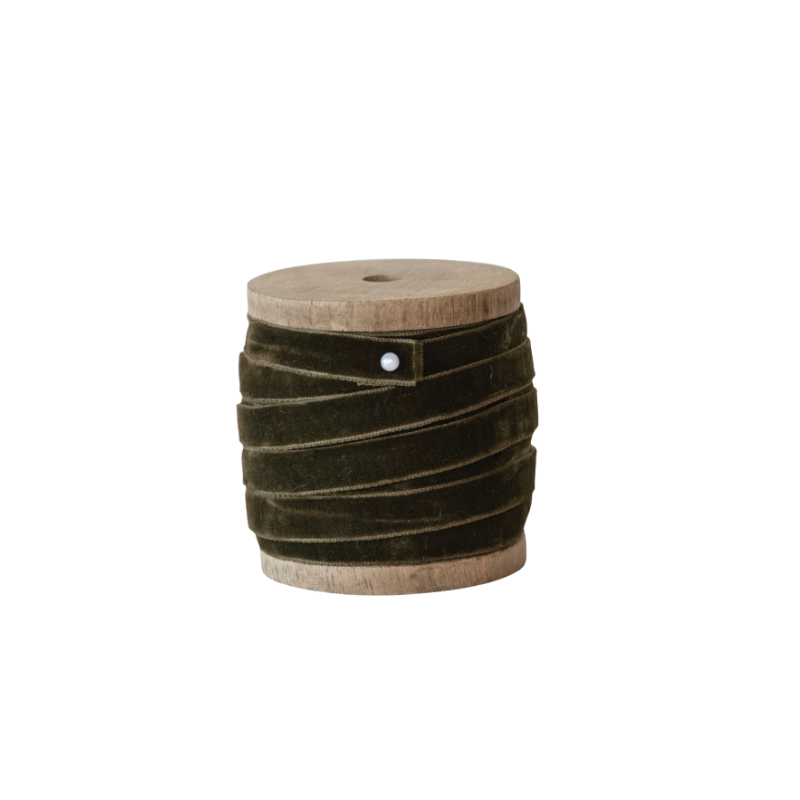 10-yard olive green velvet ribbon wrapped around a rustic mango wood spool with a white pin.