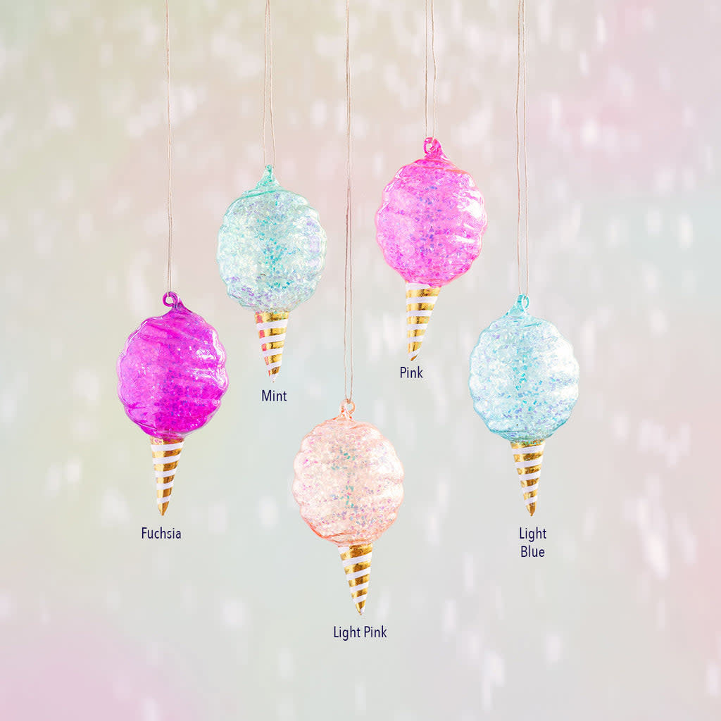 Light pink glass cotton candy ornament with iridescent finish