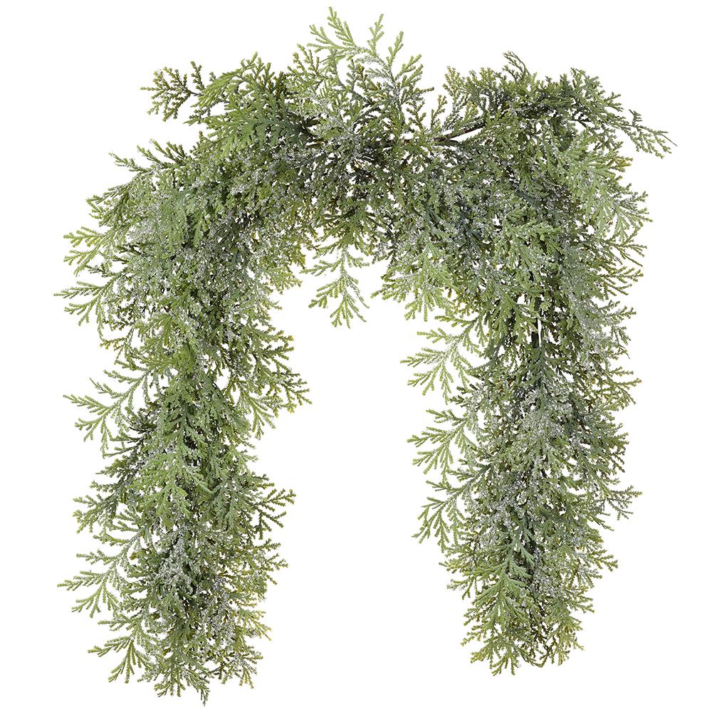 6-foot iced cedar mantel swag garland with frosted green foliage and clear accents.