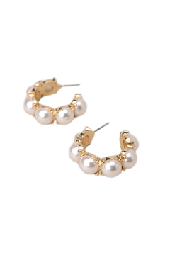 Radiant Finesse gold-tone hoop earrings featuring a row of round white pearls for pierced ears.