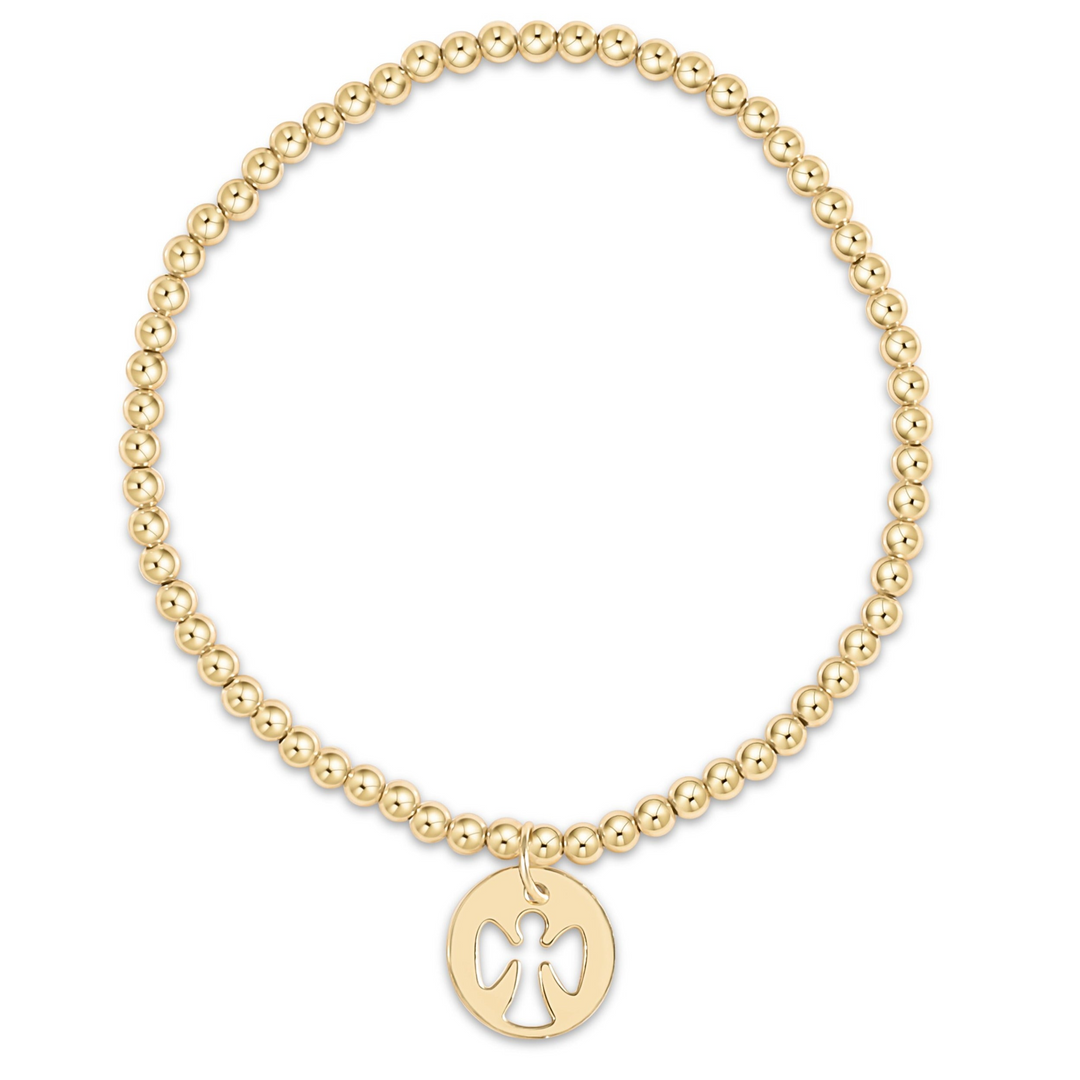Classic gold 3mm bead bracelet featuring a 14kt gold-filled guardian angel disc charm.