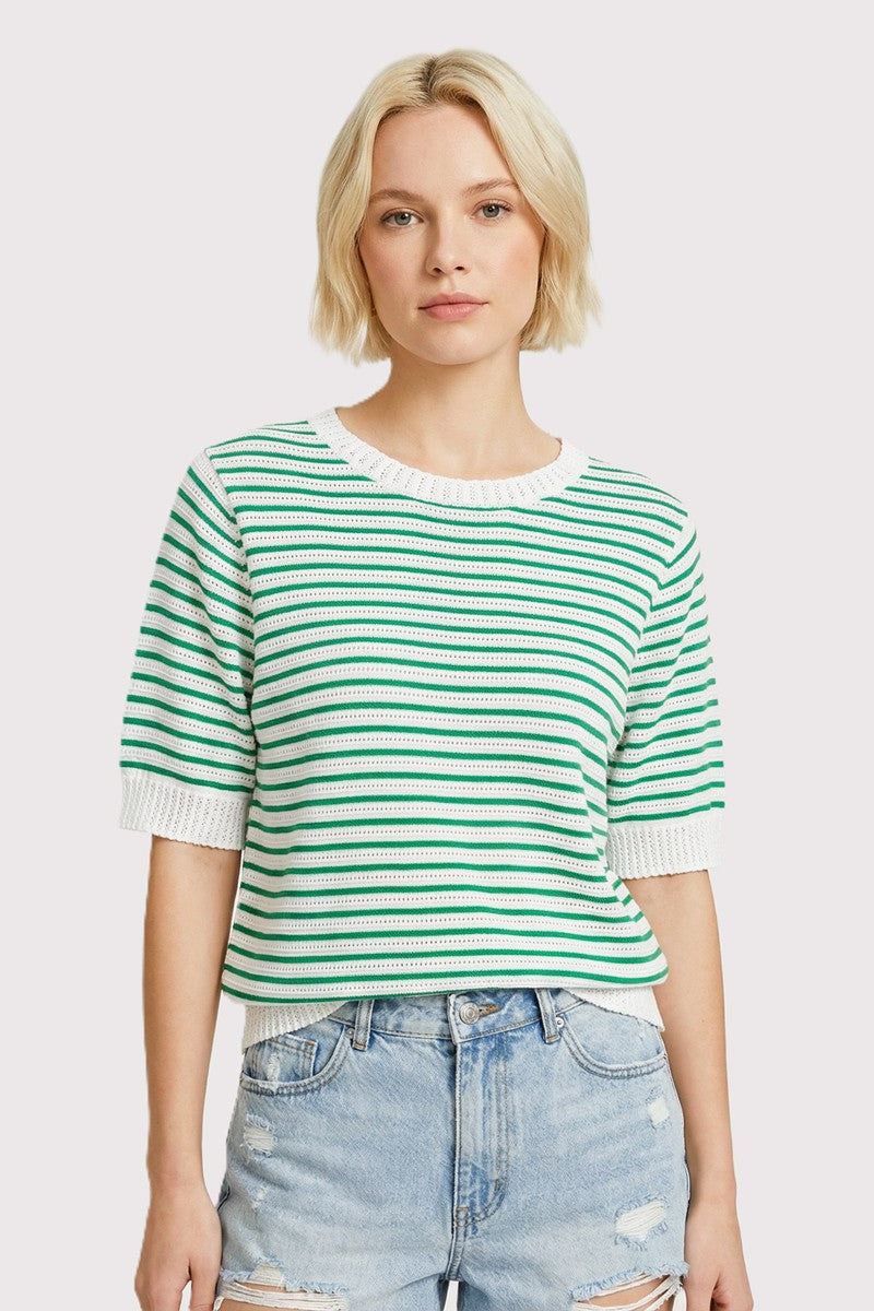 Millie Pointelle striped half-sleeve crew neck sweater in cotton with a relaxed silhouette.