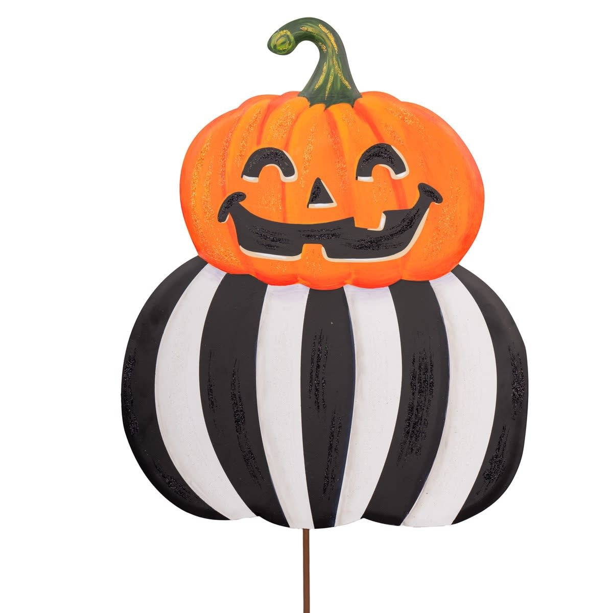 Stacked Jack O'Lanterns in orange with black carved faces on a decorative stand.