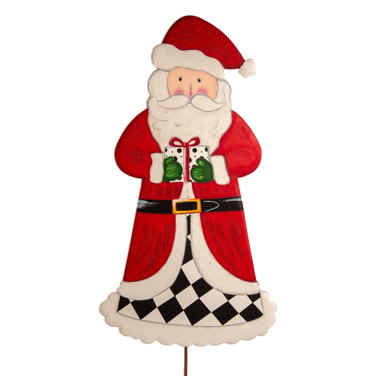 Medium-sized red Santa figurine with white beard on a black stand.