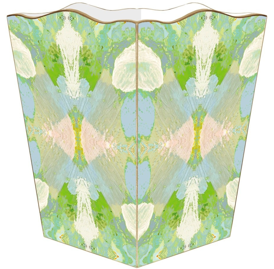 Scalloped-top wastepaper basket with gold-painted edges in a water-resistant finish.