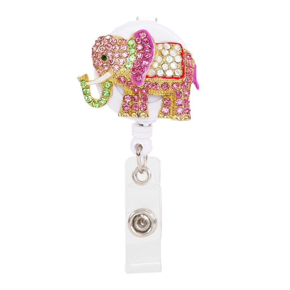 Sparkle Rhinestone Badge Reel with elephant enamel pin on rotating alligator clip