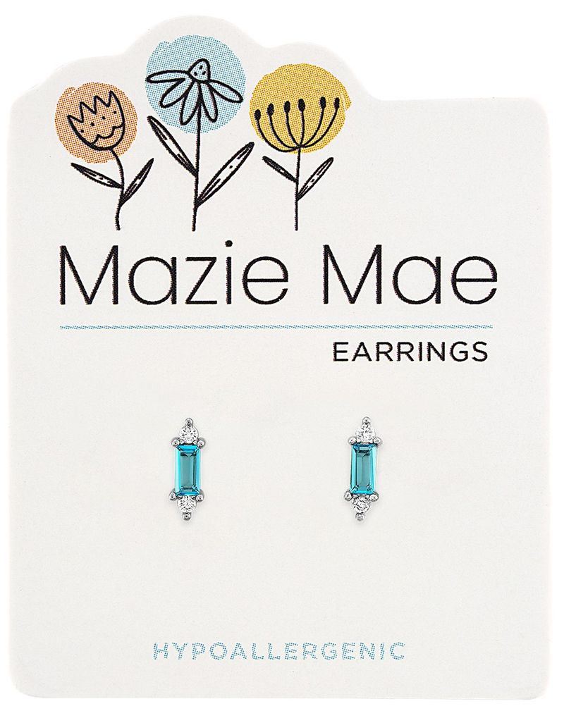 Silver stud earrings with rectangular aquamarine stones and small clear accents on a display card.