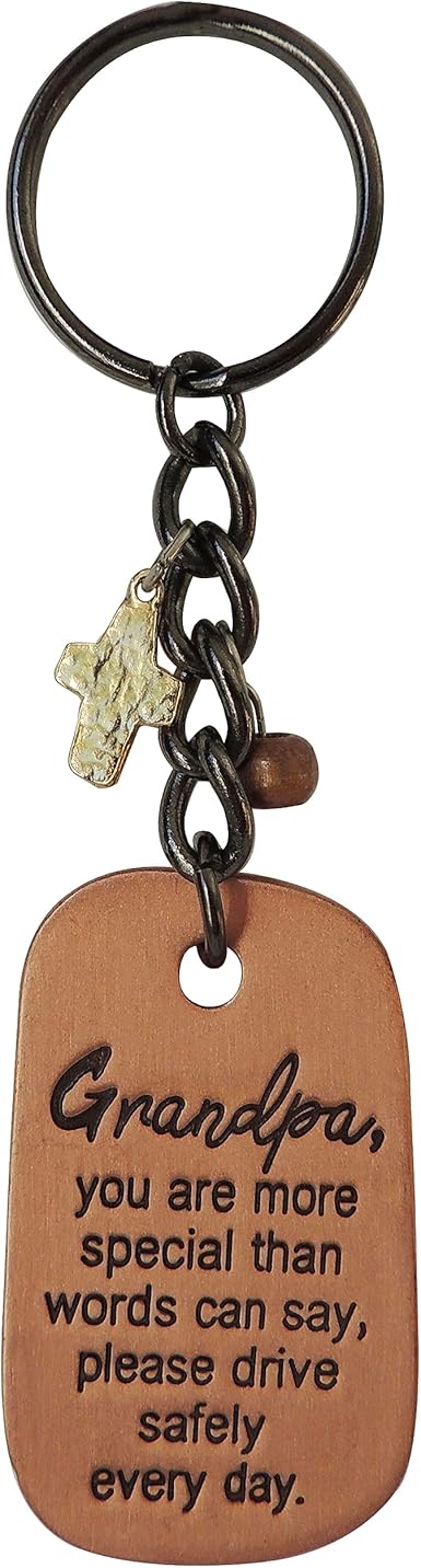 Copper-tone dog tag keychain for Grandpa with a cross charm and a drive safely message.