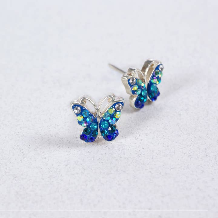 Sterling silver butterfly stud earrings with Austrian crystals in a delicate wing pattern.