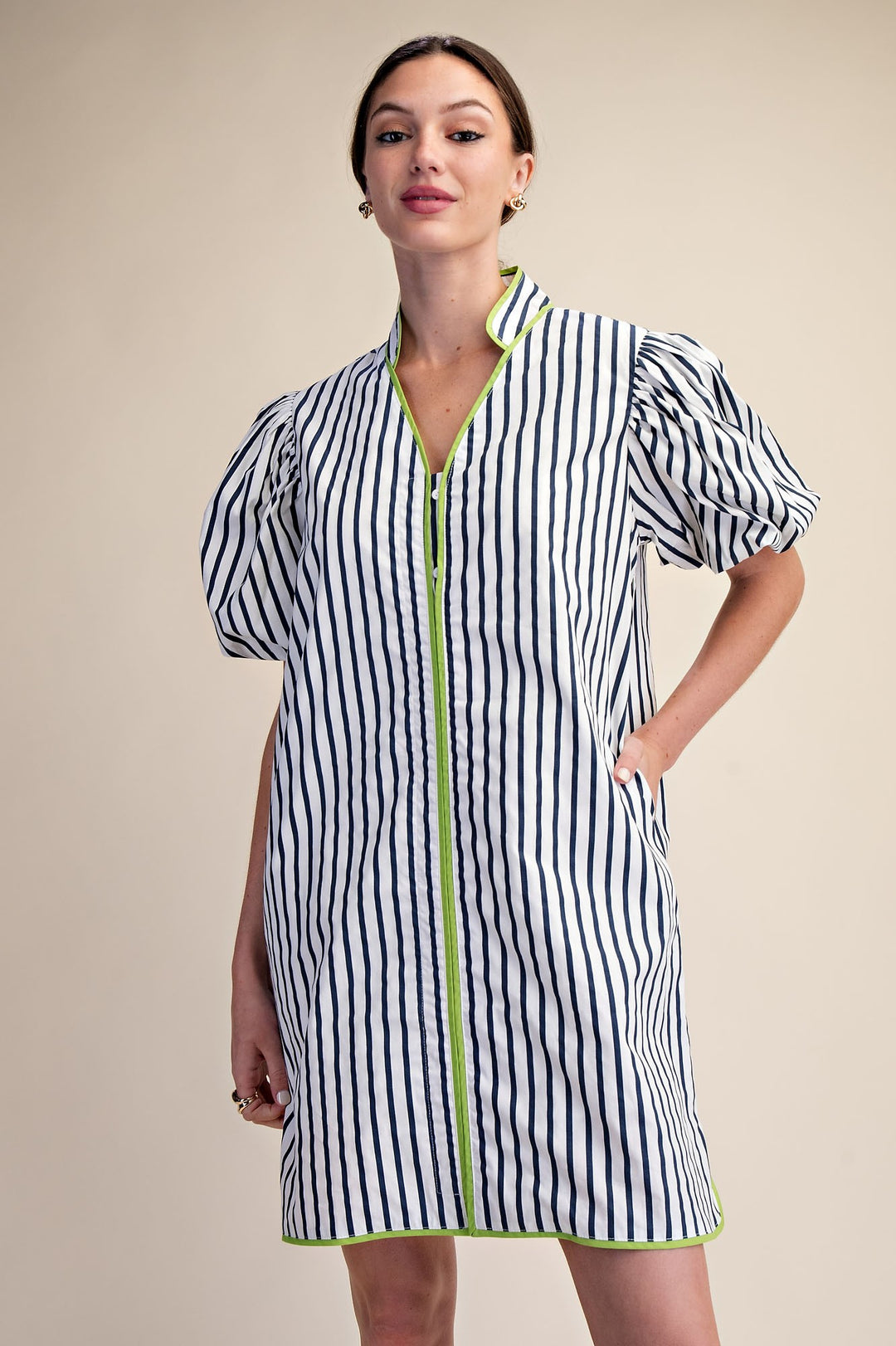 Aliyah Collar Neck Puff Sleeve Stripe Mini Dress