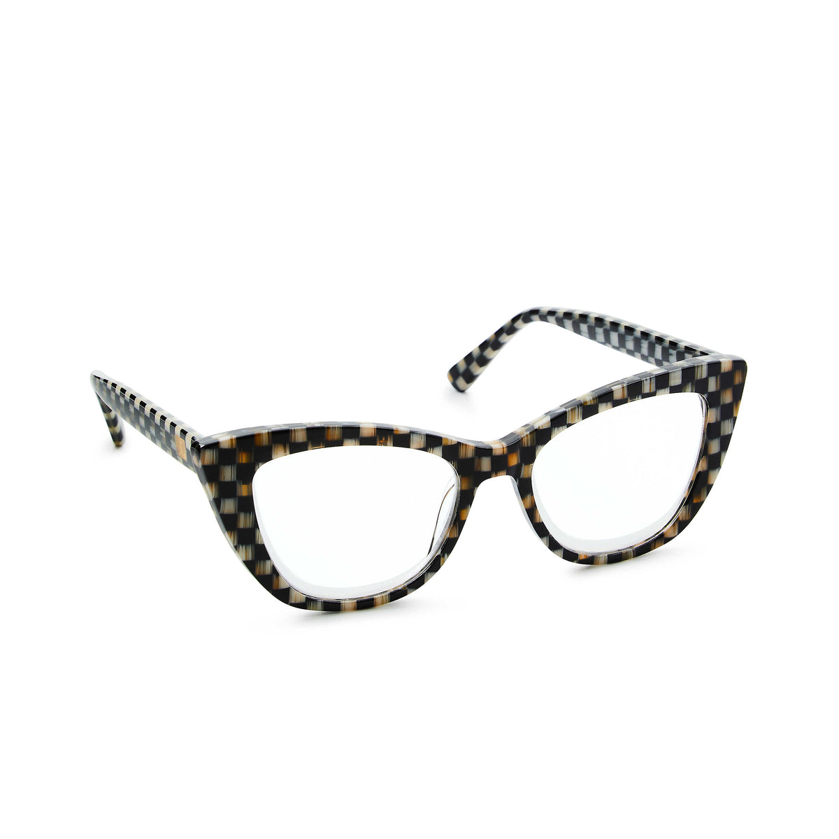 Check Cat Eye readers with a checkered frame, brass logo plate, plastic material, and classic silhouette.