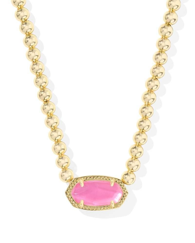 Gold beaded necklace with lobster clasp featuring an azalea illusion pendant on a chain.
