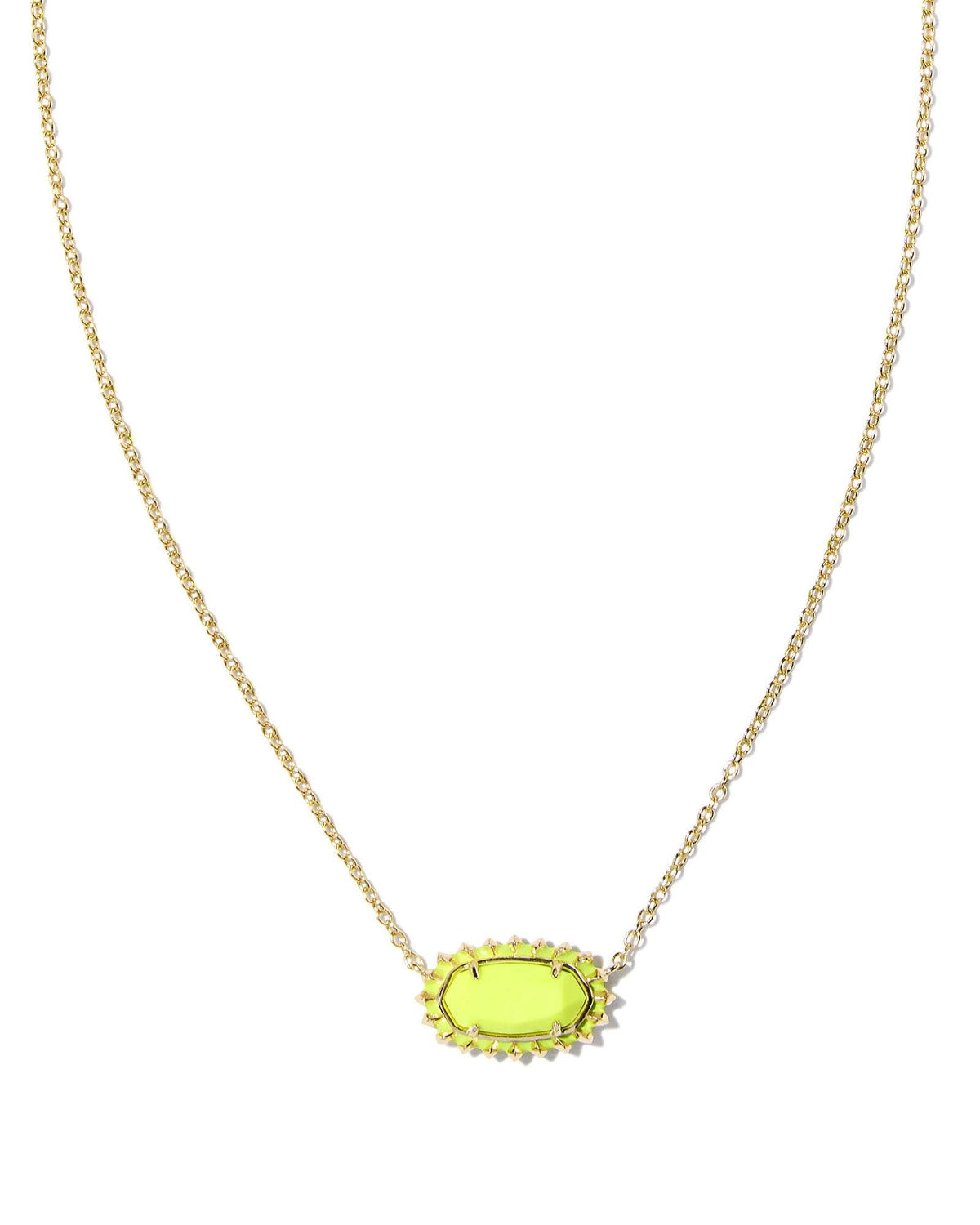Short necklace with sunburst frame pendant in chartreuse enamel and metal on a chain.
