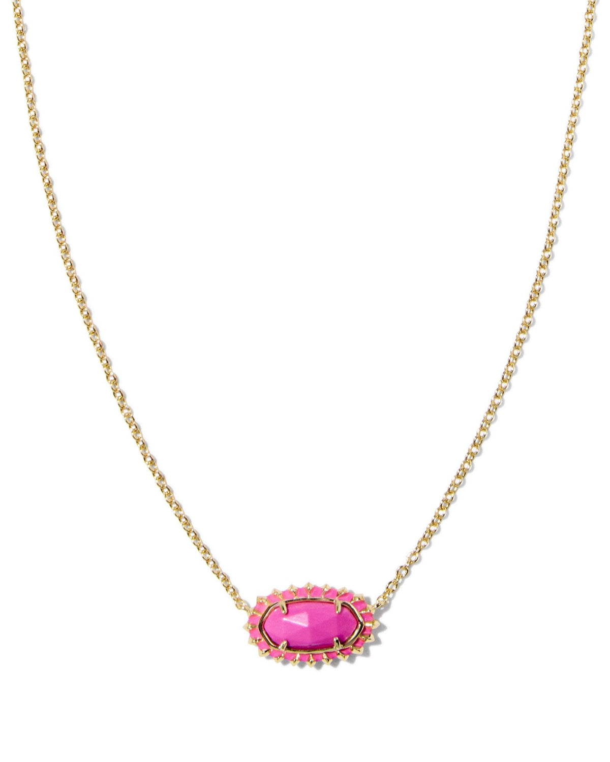 Short necklace with sunburst frame pendant in neon pink enamel and metal on a chain
