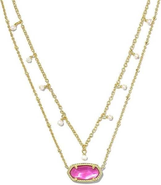 Elisa Gold Pearl Multi Strand necklace with layered chains, drop pearls, and a gold pendant on a lobster clasp.