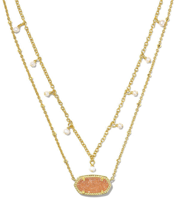 Gold multi-strand necklace with a satellite chain featuring an Elisa pendant and delicate drop pearls.