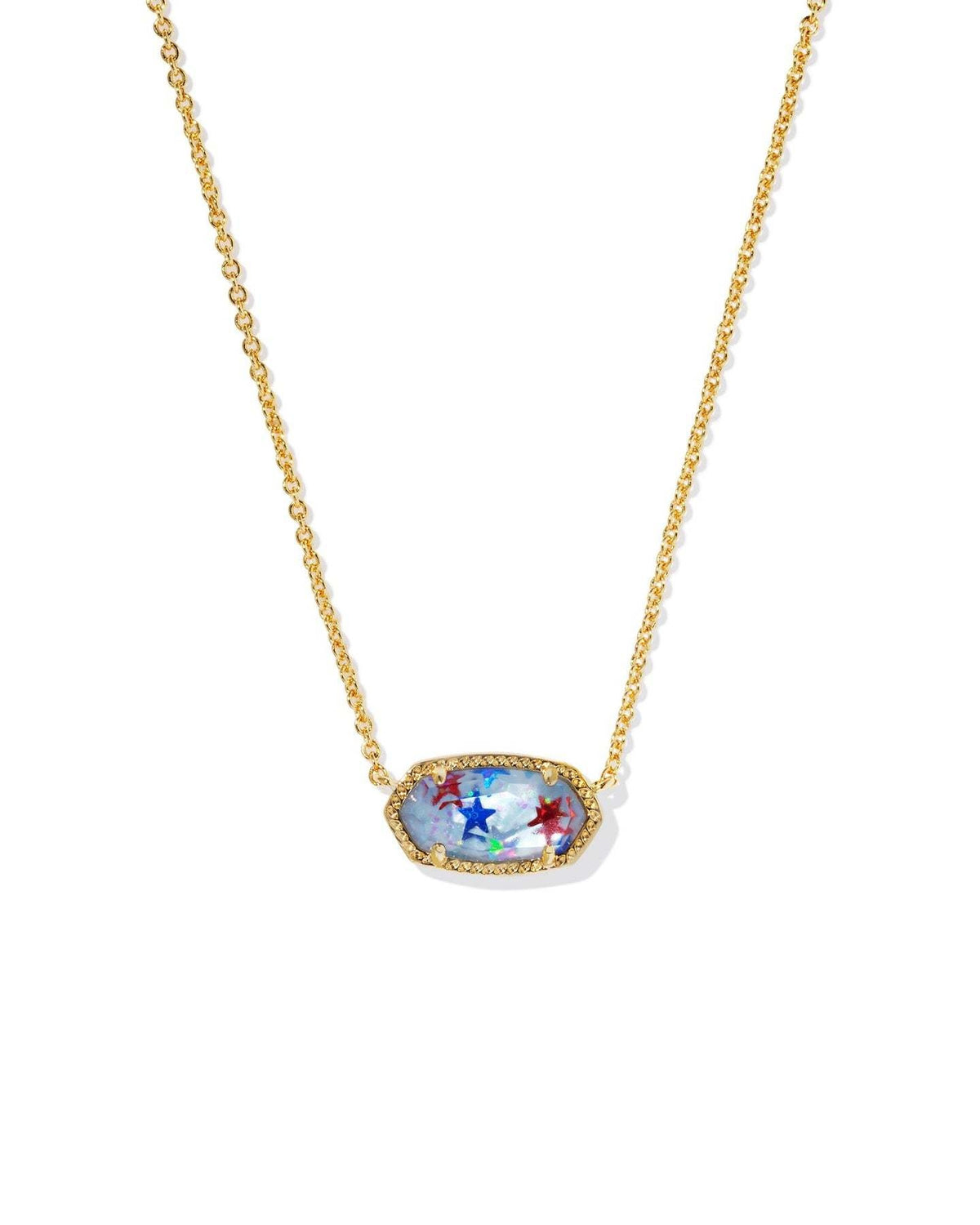 Gold Elisa pendant necklace featuring a red star on white background with blue accents.
