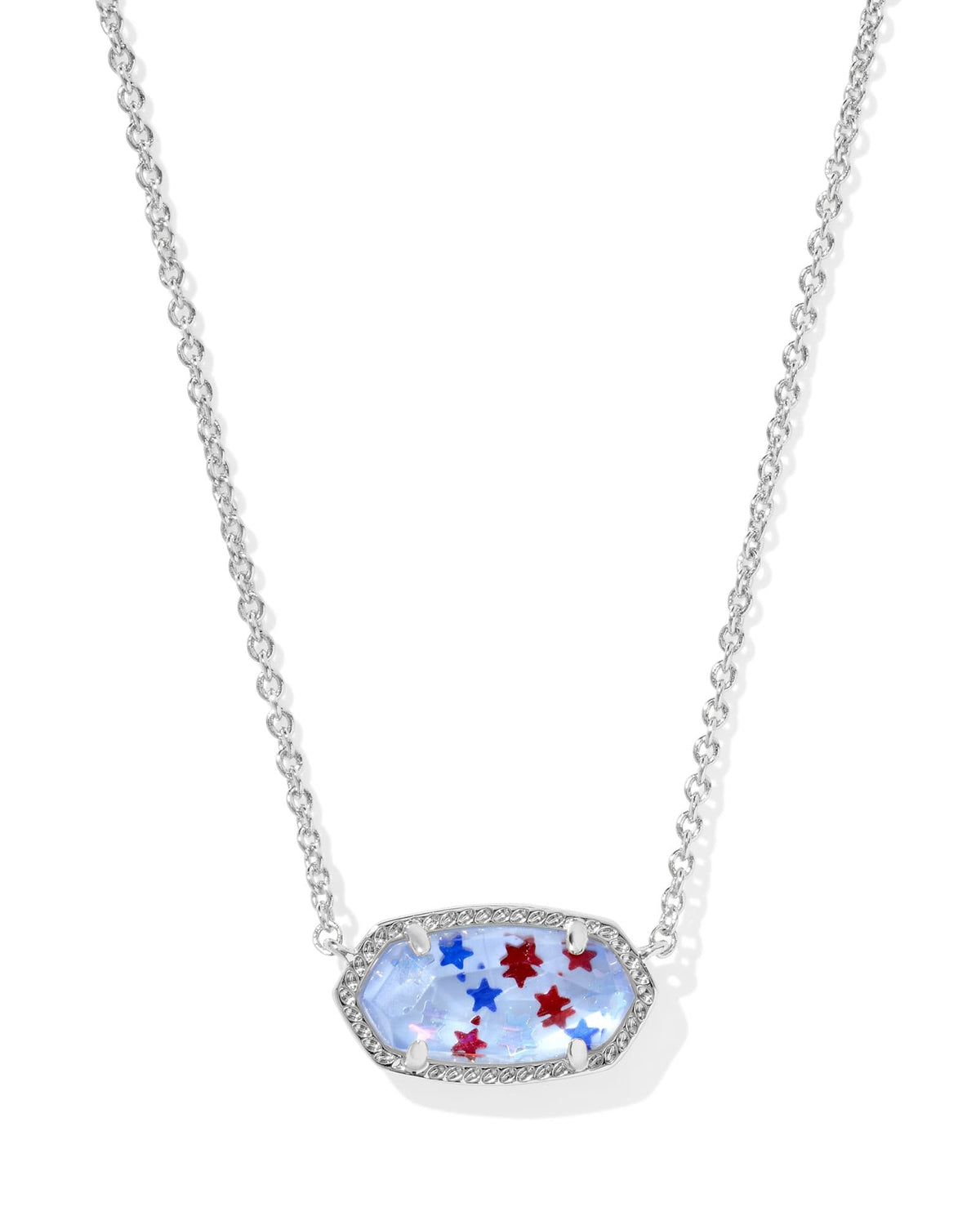 Silver Elisa pendant necklace with red, white, blue star on an 18-inch chain.