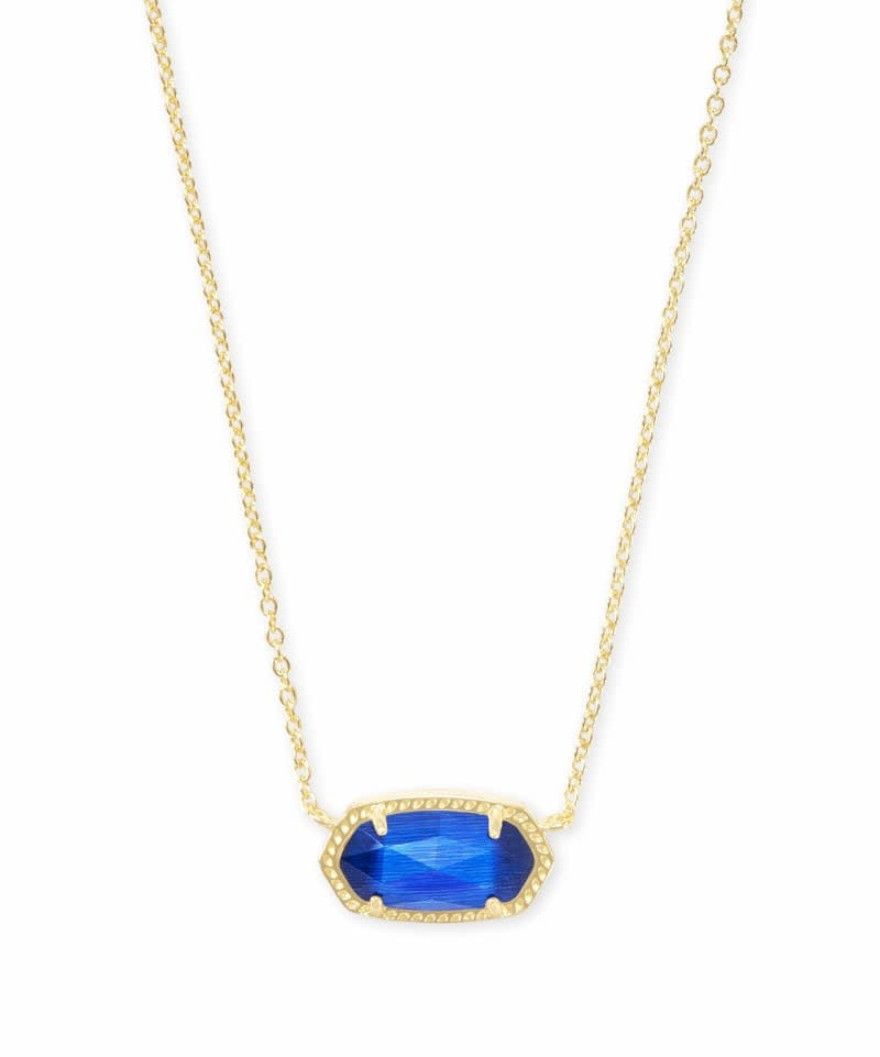 Gold Elisa Short Pendant Necklace featuring a cobalt cat's eye stone on an adjustable chain.