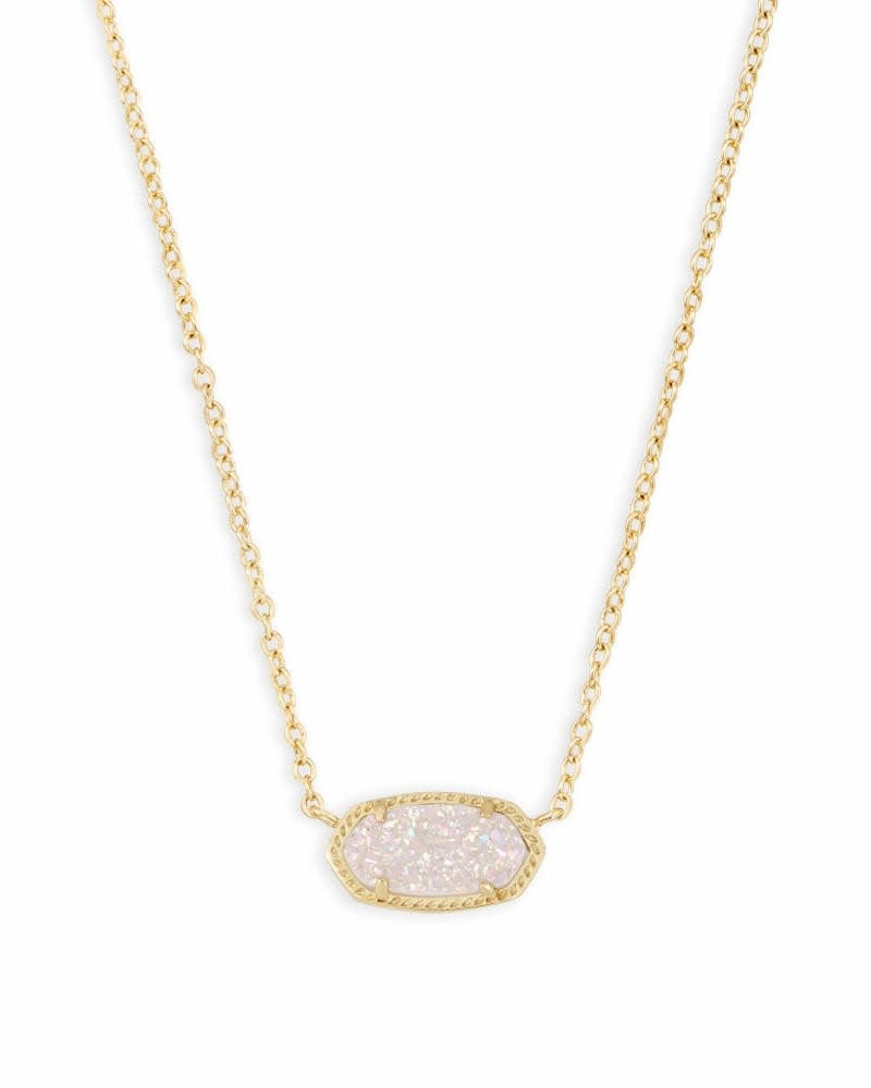 Gold iridescent drusy Elisa short pendant necklace on a gold chain with lobster clasp.