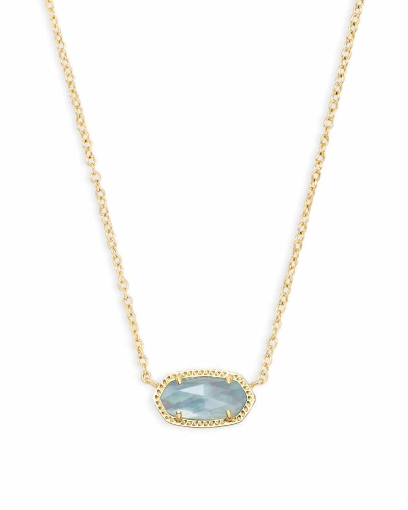 Gold Elisa Short Pendant Necklace with light blue gemstone on a silver chain.