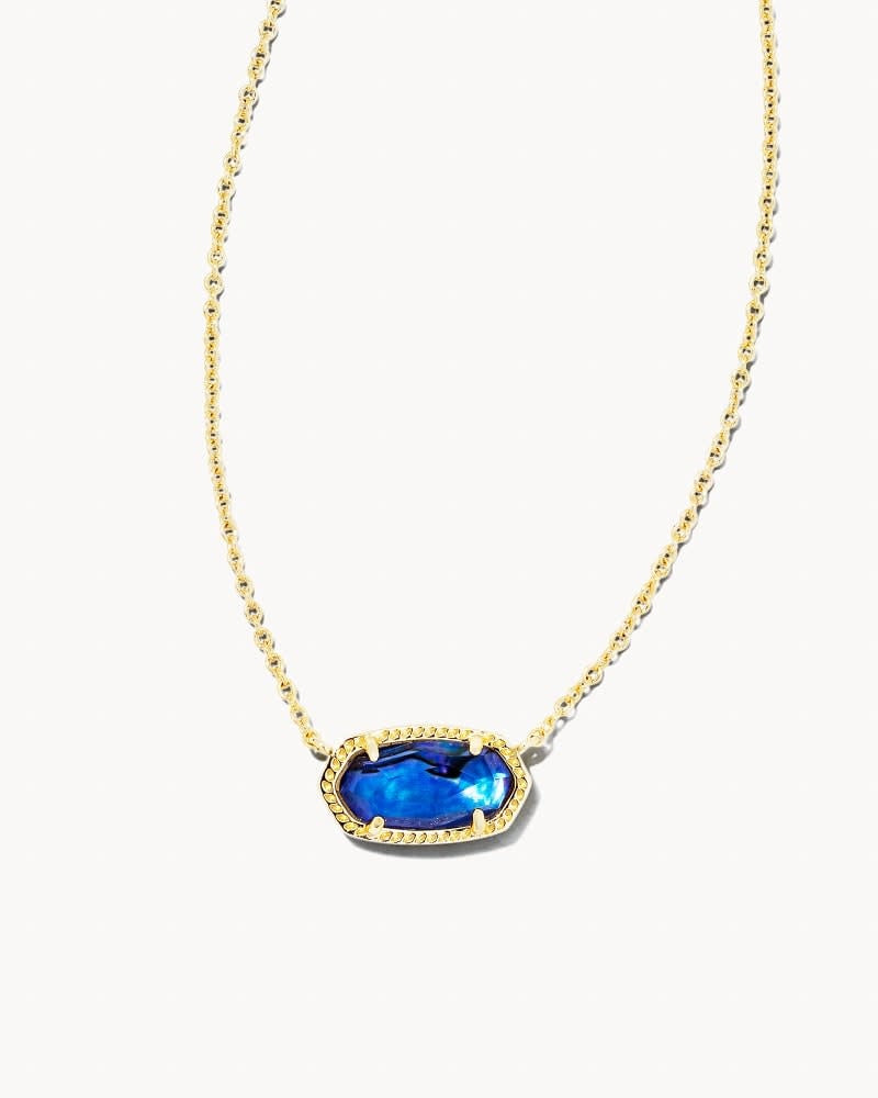 Gold Elisa short pendant necklace with navy abalone shell detail on a silver chain.