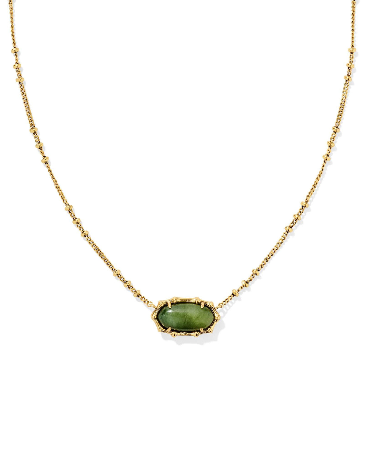Gold bamboo frame short pendant necklace on a satellite chain with sage green stone.