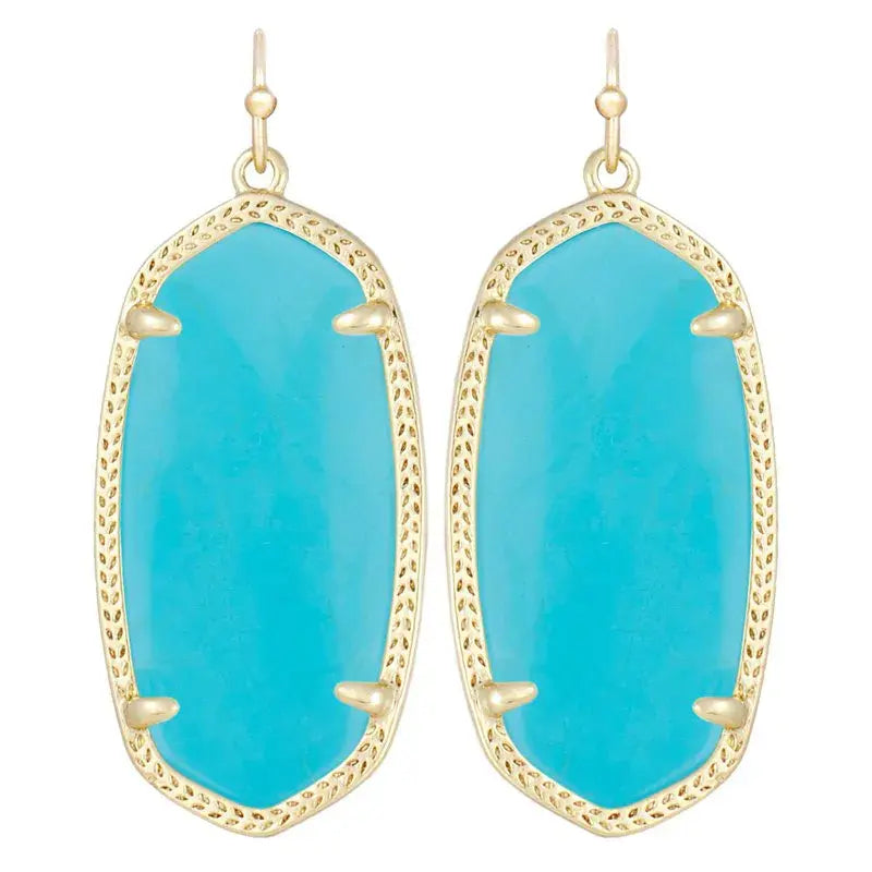 Gold drop earrings featuring a custom-cut turquoise magnesite shell on an earwire closure.