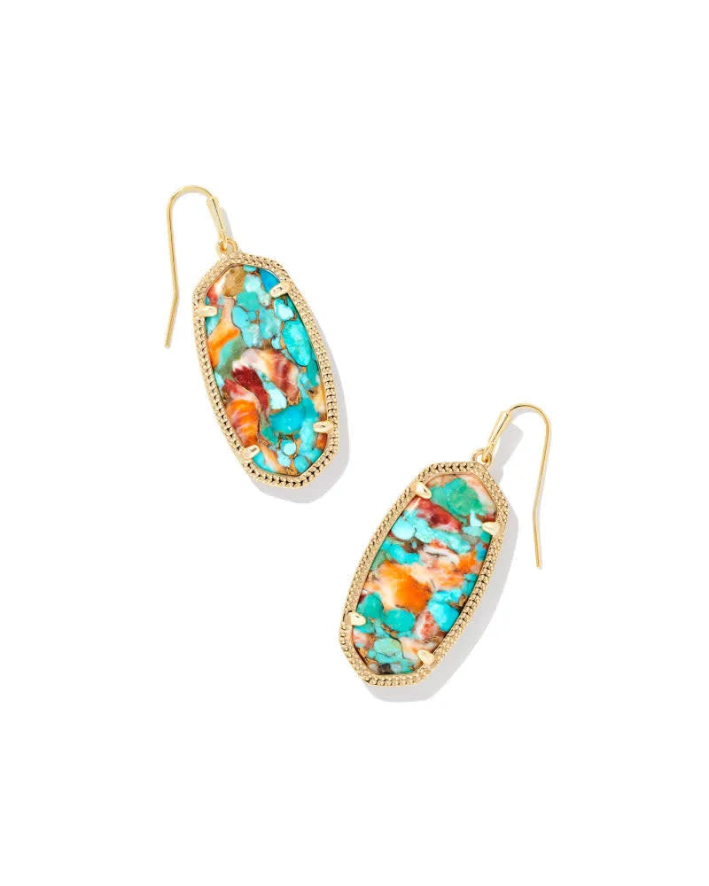Elle drop earrings in yellow gold over brass with bronze-veined turquoise shell.