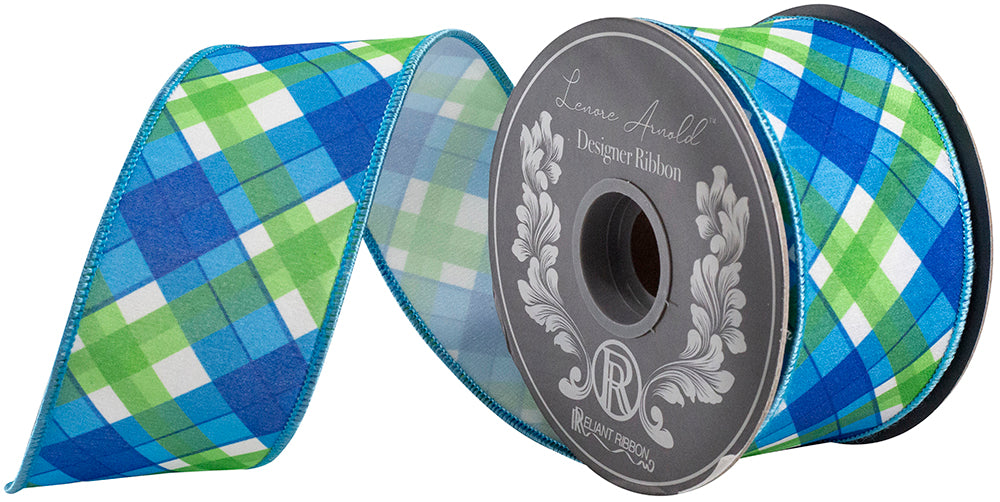 Plaid Seaway Deluxe Backed Wired Edge Ribbon in blue, green, and white on a 10-yard spool.