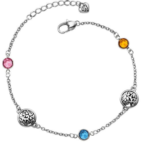 Silver-plated adjustable anklet with multi-colored fine quality crystals on a lobster claw closure.