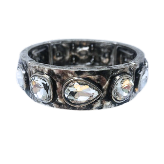 Silver metal stretch bracelet with teardrop and round clear rhinestones on a textured band.
