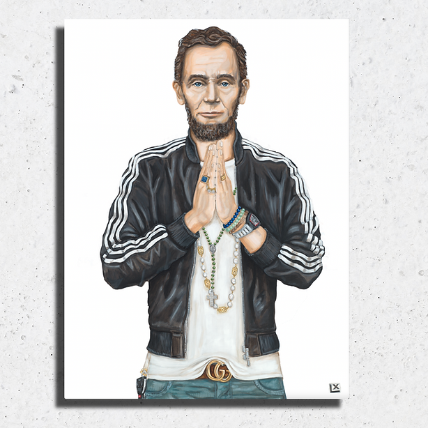 Painting of Abraham Lincoln wearing a black Adidas jacket, jewelry, and praying hands.