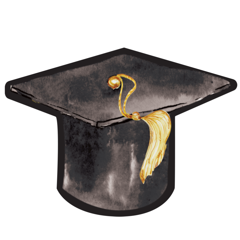 Watercolor-style black graduation cap die-cut paper plate with a gold tassel.