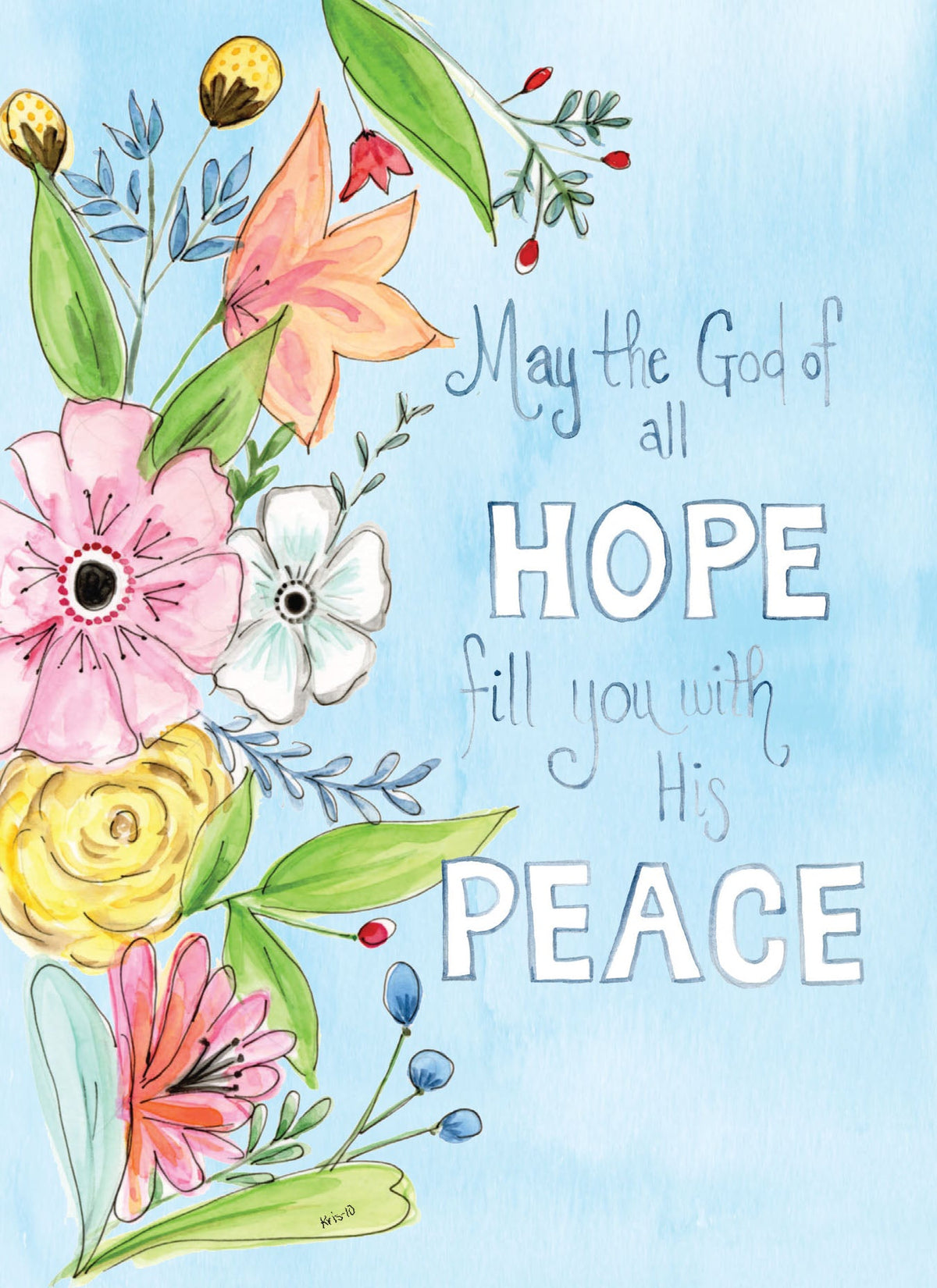 A6 card featuring the text 'The God of All Hope' with Romans 12:12 scripture and a matching envelope.