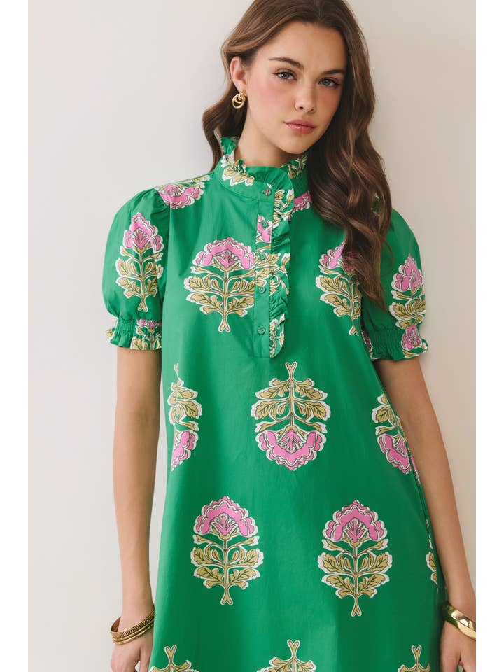 Lysa Floral Print Ruffle Collar Button Down Midi Dress