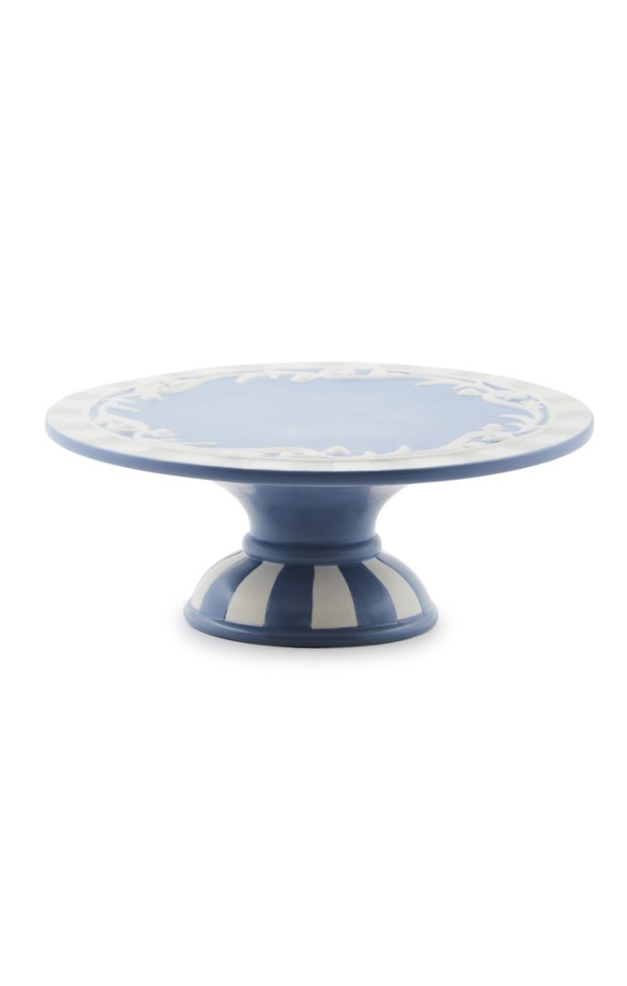 Blue and white Cameo Small Pedestal Platter with striped base and decorative floral rim.