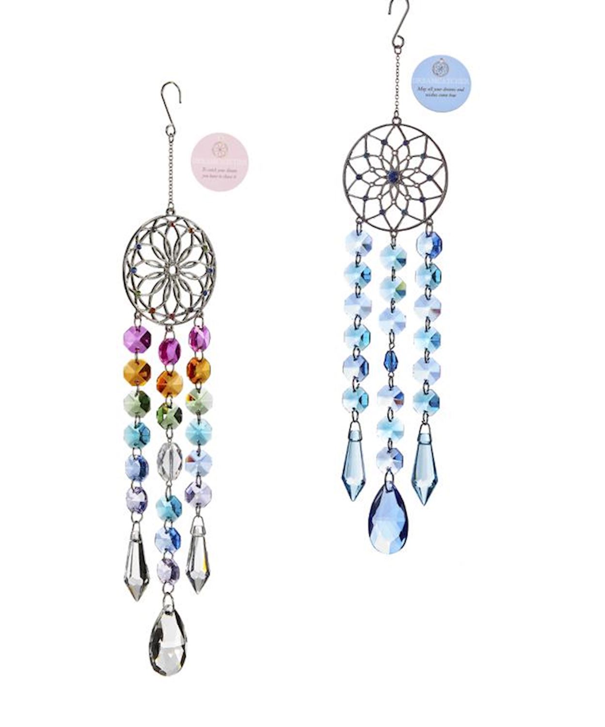 Alloy dream catcher ornament with crystal prism beads in a hanging circular shape.