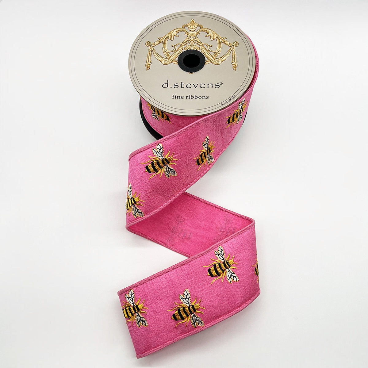Yellow Dupion ribbon with black embroidered honey bee patterns